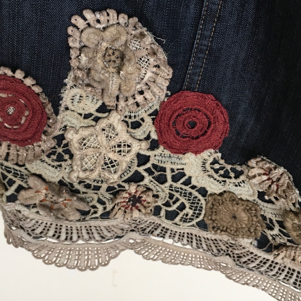 Dark Denim Crochet-Trim Open Front Jacket by - Picture 3 of 5